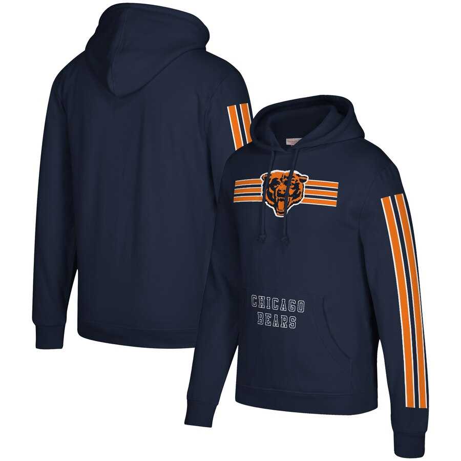 Chicago Bears Mitchell & Ness Three Stripe Pullover Hoodie Navy,We sell and wholesale Chicago Bears Mitchell & Ness Three Stripe Pullover Hoodie Navy on line form chian!